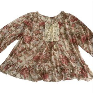 Ralph Lauren XL Vintage Floral Bohemian Lace Sheer Ruffle Casual Ladies Blouse